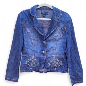 Y2K Vezucci Denim Jacket Blue Size S Beaded Embroidery